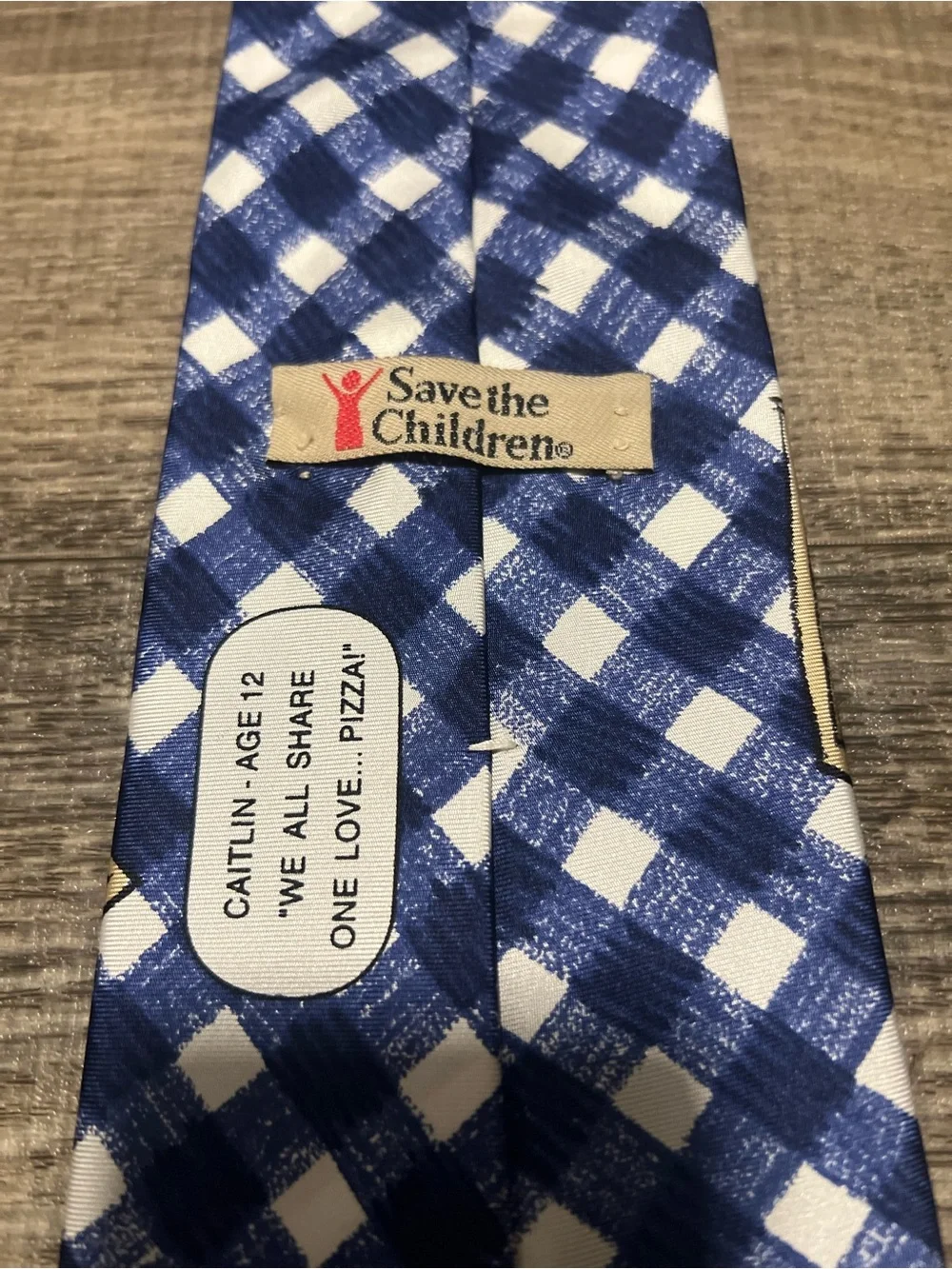 Vintage Save the Children Silk Tie - Blue Gingham Pizza Art by Caitlin (1997)